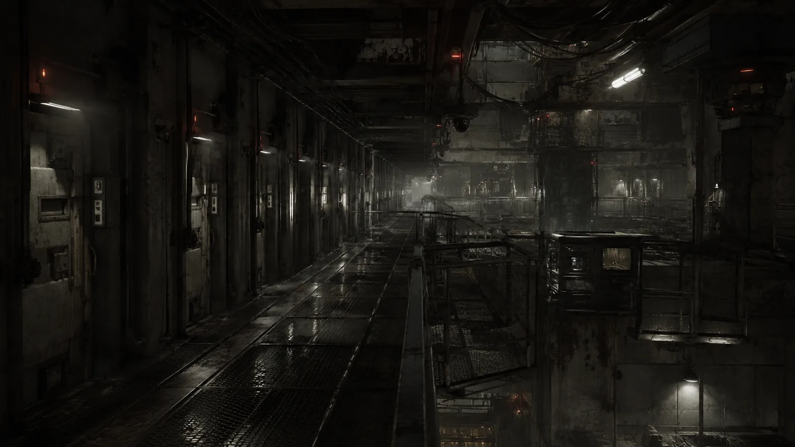 Industrial cellblock walkway under surveillance.