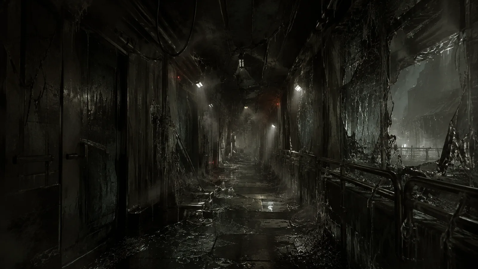 Glass-scarred prison corridor inside Block 54.
