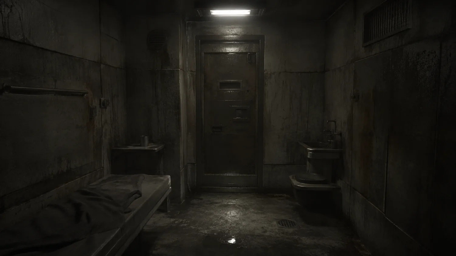 A dark prison cell with a heavy steel door.