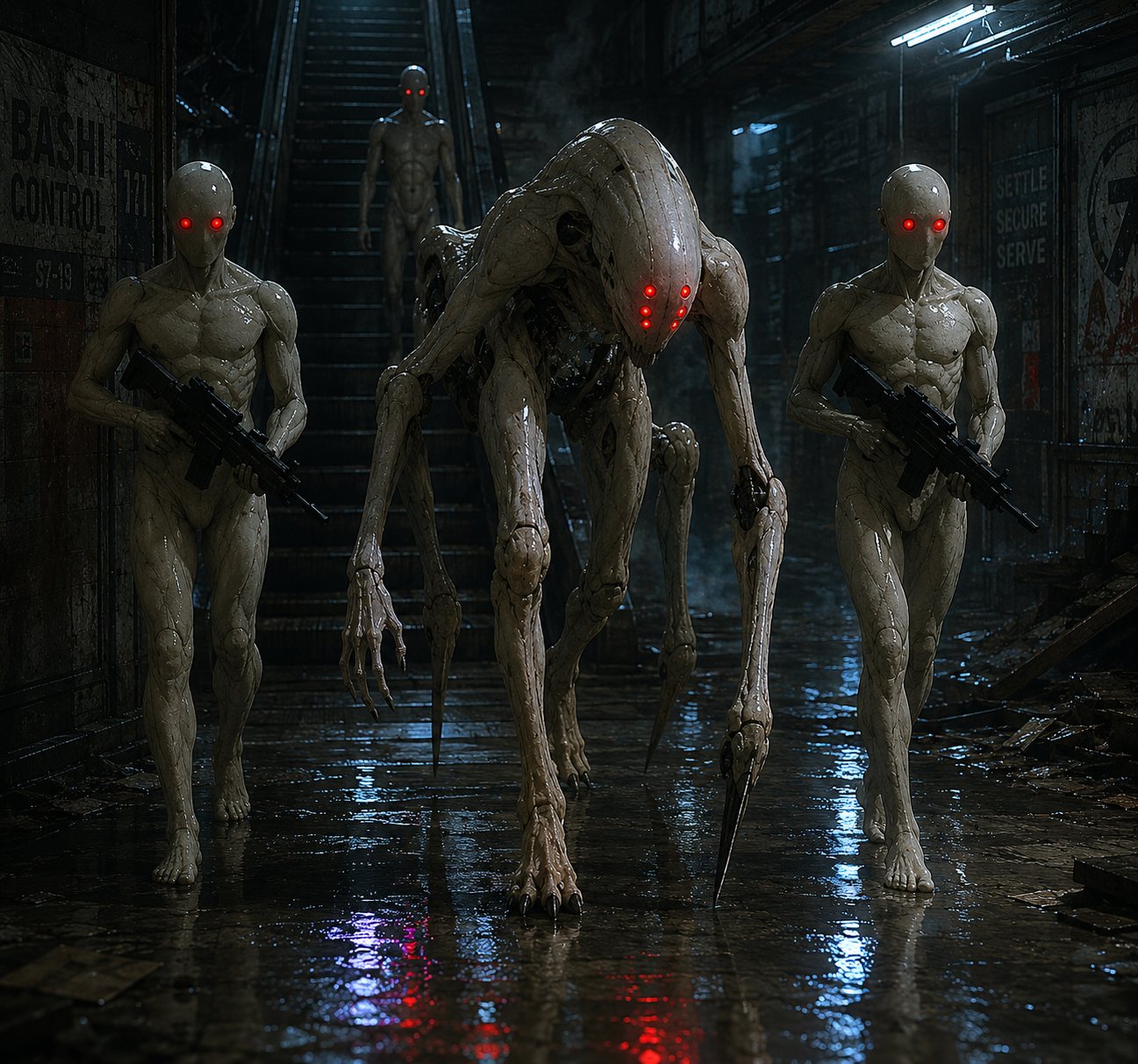 Protoclones and a large machine moving through a wet industrial corridor.