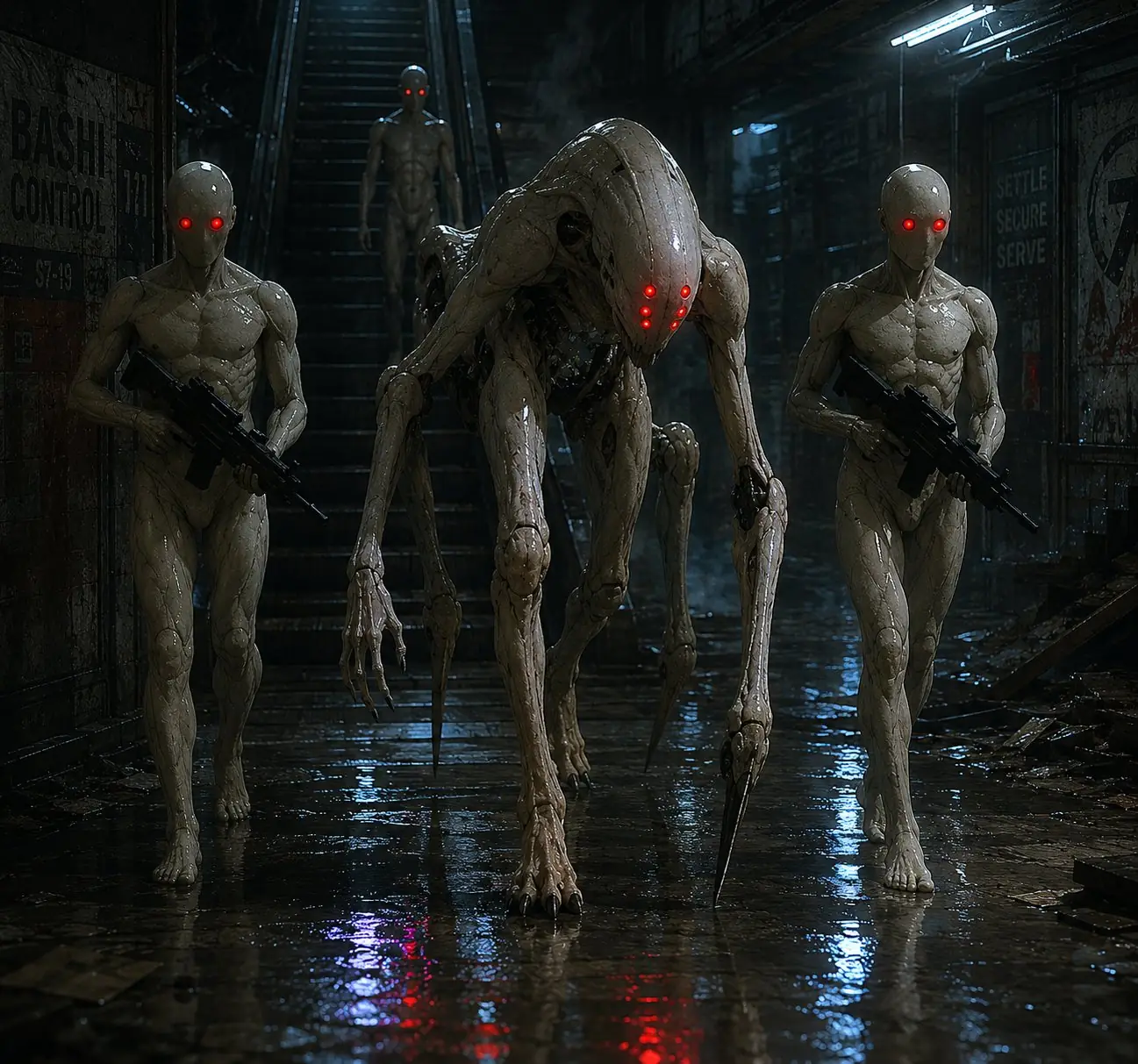 Protoclone guard clones moving through a wet Block 54 corridor.